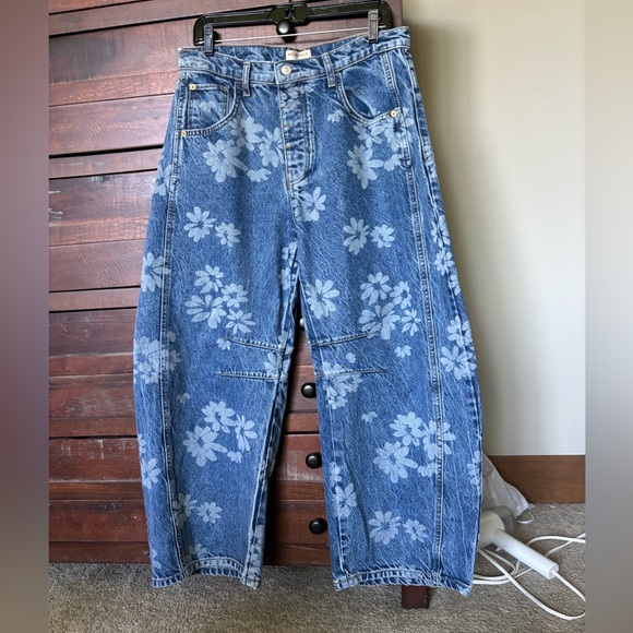 Free People Denim - Free People Blue Floral Wide Leg Jeans